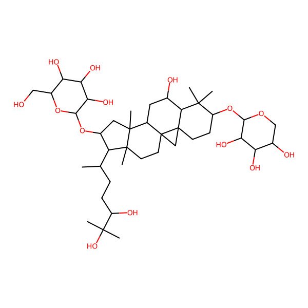 2D Structure of (2R,3R,4S,5S,6R)-2-[[(1S,3R,6S,8R,9S,11S,12S,14S,15R,16R)-15-[(2R,5R)-5,6-dihydroxy-6-methylheptan-2-yl]-9-hydroxy-7,7,12,16-tetramethyl-6-[(2S,3R,4S,5R)-3,4,5-trihydroxyoxan-2-yl]oxy-14-pentacyclo[9.7.0.01,3.03,8.012,16]octadecanyl]oxy]-6-(hydroxymethyl)oxane-3,4,5-triol