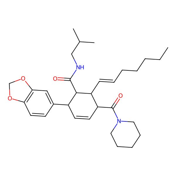 2D Structure of (1S,2S,5R,6S)-2-(1,3-benzodioxol-5-yl)-6-[(E)-hept-1-enyl]-N-(2-methylpropyl)-5-(piperidine-1-carbonyl)cyclohex-3-ene-1-carboxamide