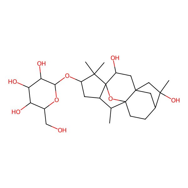 2D Structure of (2R,3R,4S,5S,6R)-2-[[(1R,2R,4R,6R,7R,10R,11S,12S,14S)-2,6-dihydroxy-6,11,15,15-tetramethyl-16-oxapentacyclo[8.5.1.14,7.01,12.04,10]heptadecan-14-yl]oxy]-6-(hydroxymethyl)oxane-3,4,5-triol