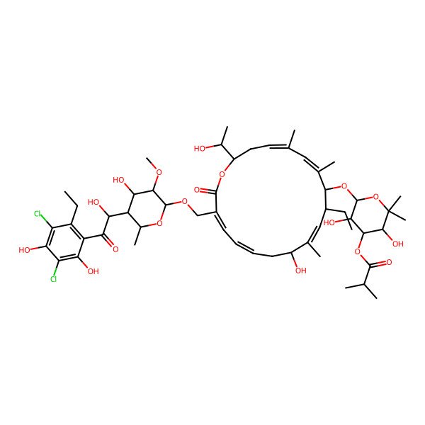2D Structure of [6-[[17-[[5-[2-(3,5-Dichloro-2-ethyl-4,6-dihydroxyphenyl)-1-hydroxy-2-oxoethyl]-4-hydroxy-3-methoxy-6-methyloxan-2-yl]oxymethyl]-9-ethyl-12-hydroxy-2-(1-hydroxyethyl)-5,7,11-trimethyl-18-oxo-1-oxacyclooctadeca-4,6,10,14,16-pentaen-8-yl]oxy]-3,5-dihydroxy-2,2-dimethyloxan-4-yl] 2-methylpropanoate