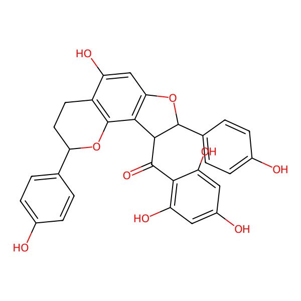 2D Structure of [(2S,8S,9S)-5-hydroxy-2,8-bis(4-hydroxyphenyl)-3,4,8,9-tetrahydro-2H-furo[2,3-h]chromen-9-yl]-(2,4,6-trihydroxyphenyl)methanone
