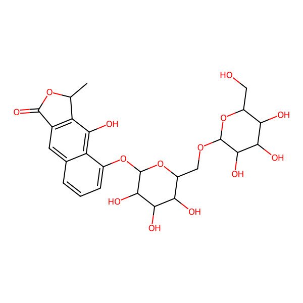 2D Structure of 4-hydroxy-3-methyl-5-[3,4,5-trihydroxy-6-[[3,4,5-trihydroxy-6-(hydroxymethyl)oxan-2-yl]oxymethyl]oxan-2-yl]oxy-3H-benzo[f][2]benzofuran-1-one