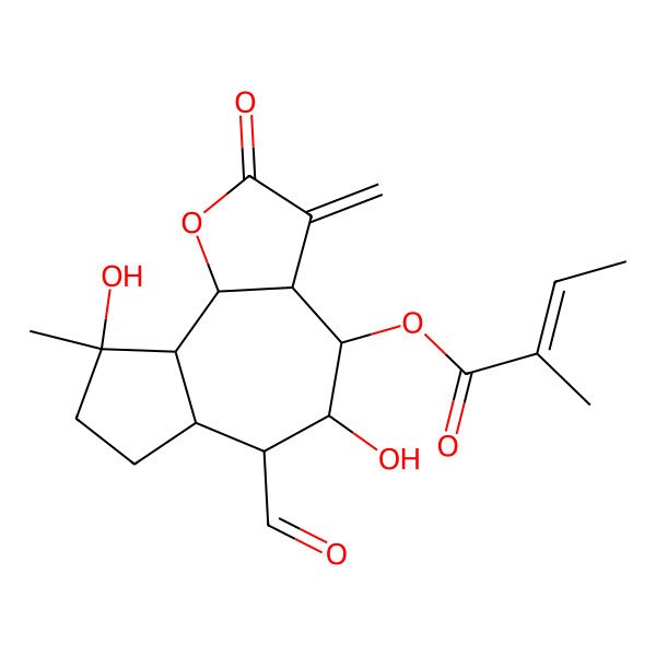 2D Structure of (6-formyl-5,9-dihydroxy-9-methyl-3-methylidene-2-oxo-4,5,6,6a,7,8,9a,9b-octahydro-3aH-azuleno[4,5-b]furan-4-yl) 2-methylbut-2-enoate