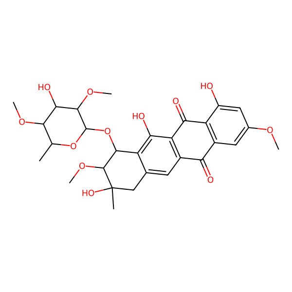 2D Structure of 4,6,9-trihydroxy-7-(4-hydroxy-3,5-dimethoxy-6-methyloxan-2-yl)oxy-2,8-dimethoxy-9-methyl-8,10-dihydro-7H-tetracene-5,12-dione