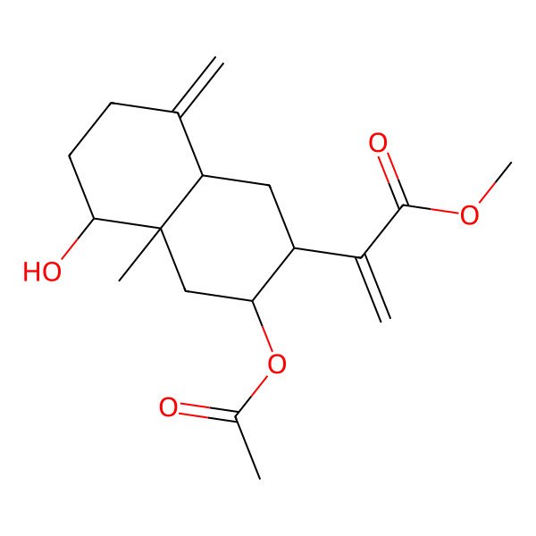 2D Structure of Methyl 2-(3-acetyloxy-5-hydroxy-4a-methyl-8-methylidene-1,2,3,4,5,6,7,8a-octahydronaphthalen-2-yl)prop-2-enoate 2D Structure of Methyl 2-(3-acetyloxy-5-hydroxy-4a-methyl-8-methylidene-1,2,3,4,5,6,7,8a-octahydronaphthalen-2-yl)prop-2-enoate