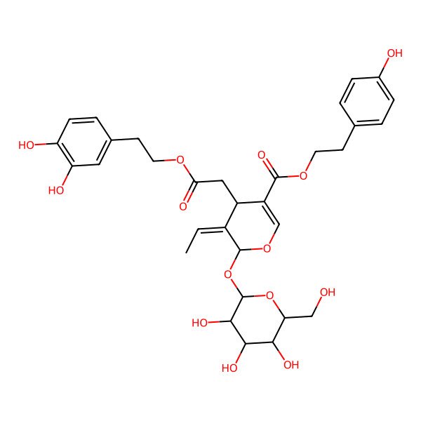 2D Structure of 2-(4-hydroxyphenyl)ethyl 4-[2-[2-(3,4-dihydroxyphenyl)ethoxy]-2-oxoethyl]-5-ethylidene-6-[3,4,5-trihydroxy-6-(hydroxymethyl)oxan-2-yl]oxy-4H-pyran-3-carboxylate