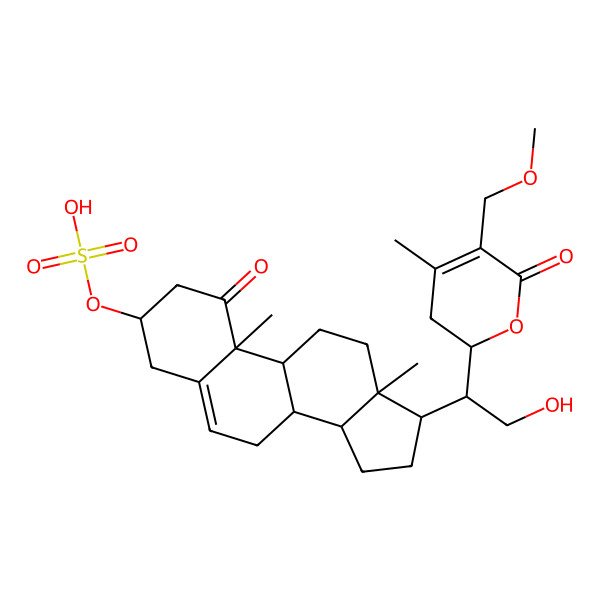 2D Structure of [17-[2-Hydroxy-1-[5-(methoxymethyl)-4-methyl-6-oxo-2,3-dihydropyran-2-yl]ethyl]-10,13-dimethyl-1-oxo-2,3,4,7,8,9,11,12,14,15,16,17-dodecahydrocyclopenta[a]phenanthren-3-yl] hydrogen sulfate