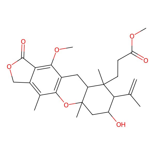 2D Structure of Methyl 3-(7-hydroxy-11-methoxy-4,5a,9-trimethyl-1-oxo-8-prop-1-en-2-yl-3,6,7,8,9a,10-hexahydro-[2]benzofuro[5,6-b]chromen-9-yl)propanoate