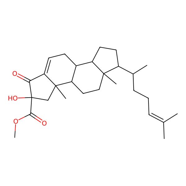 2D Structure of methyl (2S,3aR,3bS,5aR,6R,8aS,8bS)-2-hydroxy-3a,5a-dimethyl-6-[(2R)-6-methylhept-5-en-2-yl]-1-oxo-3,3b,4,5,6,7,8,8a,8b,9-decahydroindeno[5,4-e]indene-2-carboxylate