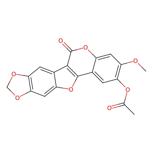 2D Structure of (16-Methoxy-20-oxo-5,7,11,19-tetraoxapentacyclo[10.8.0.02,10.04,8.013,18]icosa-1(12),2,4(8),9,13,15,17-heptaen-15-yl) acetate