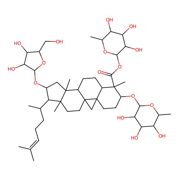 2D Structure of [(2R,4S,5R)-3,4,5-trihydroxy-6-methyloxan-2-yl] (1S,3R,6S,7S,12S,14R,15R,16R)-14-[(2R,4R,5R)-3,4-dihydroxy-5-(hydroxymethyl)oxolan-2-yl]oxy-7,12,16-trimethyl-15-[(2R)-6-methylhept-5-en-2-yl]-6-[(2R,4S,5R)-3,4,5-trihydroxy-6-methyloxan-2-yl]oxypentacyclo[9.7.0.01,3.03,8.012,16]octadecane-7-carboxylate