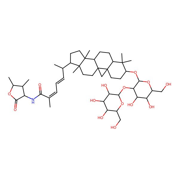 2D Structure of (2E,4E,6R)-6-[(1S,3R,6S,8R,11S,12S,15R,16R)-6-[(2R,3R,4S,5S,6R)-4,5-dihydroxy-6-(hydroxymethyl)-3-[(2S,3R,4S,5S,6R)-3,4,5-trihydroxy-6-(hydroxymethyl)oxan-2-yl]oxyoxan-2-yl]oxy-7,7,12,16-tetramethyl-15-pentacyclo[9.7.0.01,3.03,8.012,16]octadecanyl]-N-(4,5-dimethyl-2-oxooxolan-3-yl)-2-methylhepta-2,4-dienamide