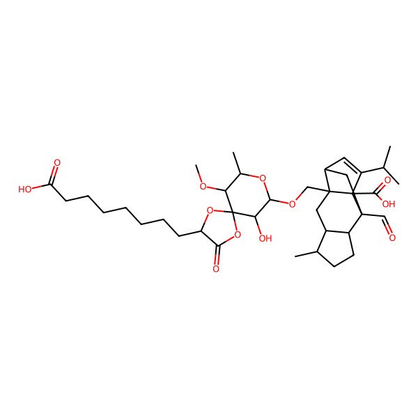 2D Structure of 2-[[2-(7-Carboxyheptyl)-10-hydroxy-6-methoxy-7-methyl-3-oxo-1,4,8-trioxaspiro[4.5]decan-9-yl]oxymethyl]-9-formyl-5-methyl-13-propan-2-yltetracyclo[7.4.0.02,11.04,8]tridec-12-ene-1-carboxylic acid