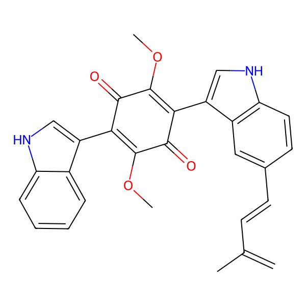 2D Structure of 2-(1H-indol-3-yl)-3,6-dimethoxy-5-[5-(3-methylbuta-1,3-dienyl)-1H-indol-3-yl]cyclohexa-2,5-diene-1,4-dione