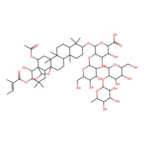 2D Structure of (2S,3S,4R,5R,6S)-6-[[(1R,2S,4S,5R,8R,10R,13S,14S,17R,18S,21R,22R,23S)-2-acetyloxy-22,23-dihydroxy-4,5,9,9,13,20,20-heptamethyl-21-[(Z)-2-methylbut-2-enoyl]oxy-24-oxahexacyclo[15.5.2.01,18.04,17.05,14.08,13]tetracosan-10-yl]oxy]-4-[(2R,3R,4R,5R,6R)-4,5-dihydroxy-6-(hydroxymethyl)-3-[(2S,3S,4S,5S,6R)-3,4,5-trihydroxy-6-methyloxan-2-yl]oxyoxan-2-yl]oxy-3-hydroxy-5-[(2R,3S,4R,5S,6S)-3,4,5-trihydroxy-6-(hydroxymethyl)oxan-2-yl]oxyoxane-2-carboxylic acid