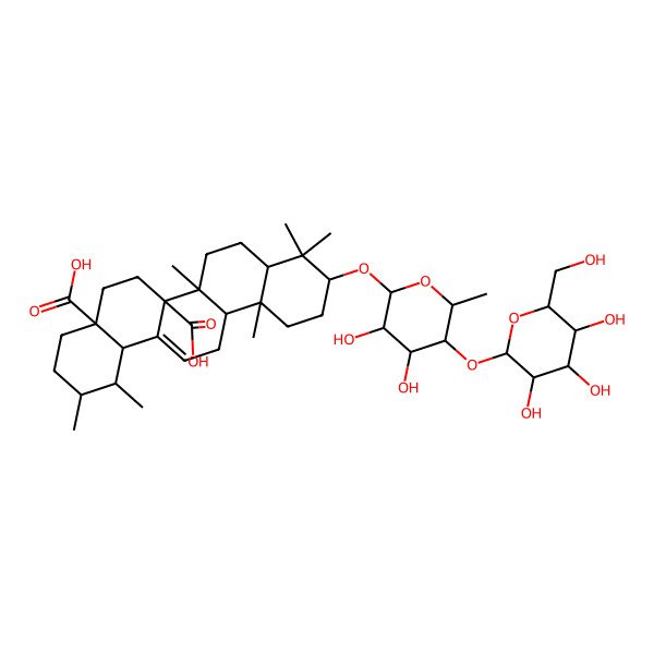 2D Structure of (1S,2R,4aS,6aR,6aR,6bR,8aR,10S,12aR,14bS)-10-[(2R,3R,4S,5S,6S)-3,4-dihydroxy-6-methyl-5-[(2S,3R,4S,5S,6R)-3,4,5-trihydroxy-6-(hydroxymethyl)oxan-2-yl]oxyoxan-2-yl]oxy-1,2,6b,9,9,12a-hexamethyl-2,3,4,5,6,6a,7,8,8a,10,11,12,13,14b-tetradecahydro-1H-picene-4a,6a-dicarboxylic acid