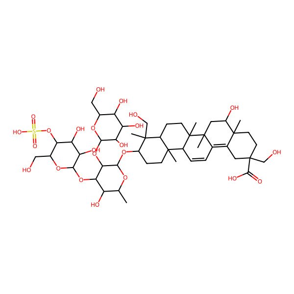 2D Structure of (2S,4aS,5R,6aR,6aS,6bR,8aR,9R,10S,12aS)-10-[(2R,3R,4S,5S,6R)-4-[(2S,3R,4R,5S,6R)-3,4-dihydroxy-6-(hydroxymethyl)-5-sulfooxyoxan-2-yl]oxy-5-hydroxy-6-methyl-3-[(2S,3R,4S,5S,6R)-3,4,5-trihydroxy-6-(hydroxymethyl)oxan-2-yl]oxyoxan-2-yl]oxy-5-hydroxy-2,9-bis(hydroxymethyl)-4a,6a,6b,9,12a-pentamethyl-1,3,4,5,6,6a,7,8,8a,10,11,12-dodecahydropicene-2-carboxylic acid
