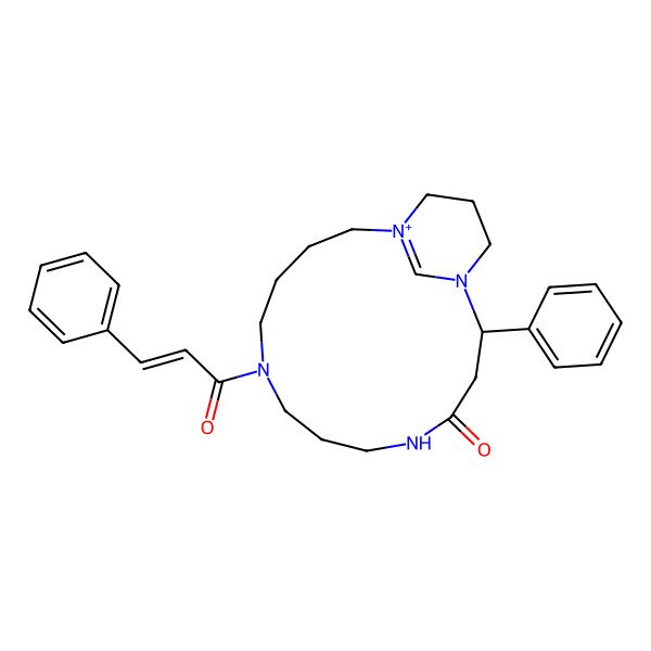 2D Structure of (2S)-2-phenyl-9-[(Z)-3-phenylprop-2-enoyl]-1,5,9-triaza-14-azoniabicyclo[12.3.1]octadec-14(18)-en-4-one