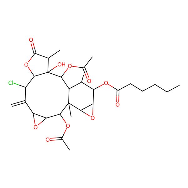2D Structure of [(1R,2S,3R,5R,7S,8R,11R,12R,13R,14S,15R,16S,17S,19R)-2,13-diacetyloxy-7-chloro-12-hydroxy-1,11,15-trimethyl-6-methylidene-10-oxo-4,9,18-trioxapentacyclo[12.5.0.03,5.08,12.017,19]nonadecan-16-yl] hexanoate
