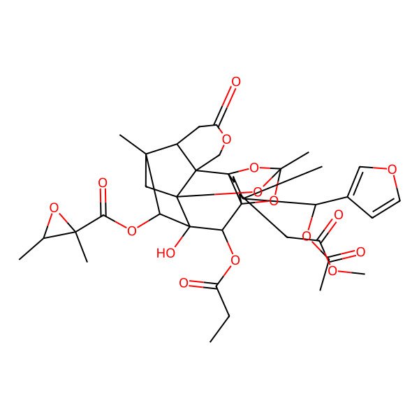 2D Structure of [(5S,8S,9R,10S,14R,15S,20S)-8-[(S)-acetyloxy(furan-3-yl)methyl]-12-hydroxy-9-(2-methoxy-2-oxoethyl)-3,8,14-trimethyl-17-oxo-11-propanoyloxy-2,4,18,22-tetraoxaheptacyclo[12.6.1.13,10.01,12.05,10.05,20.015,20]docosan-13-yl] (2S,3R)-2,3-dimethyloxirane-2-carboxylate