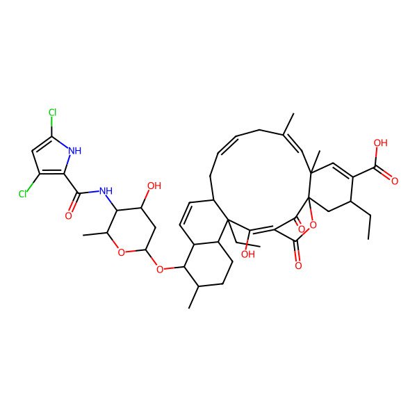 2D Structure of (1S,3S,6S,7E,10E,13R,16S,17S,18S,21R,22R)-17-[(2R,4R,5S,6R)-5-[(3,5-dichloro-1H-pyrrole-2-carbonyl)amino]-4-hydroxy-6-methyloxan-2-yl]oxy-3,22-diethyl-23-hydroxy-6,8,18-trimethyl-25,27-dioxo-26-oxapentacyclo[22.2.1.01,6.013,22.016,21]heptacosa-4,7,10,14,23-pentaene-4-carboxylic acid