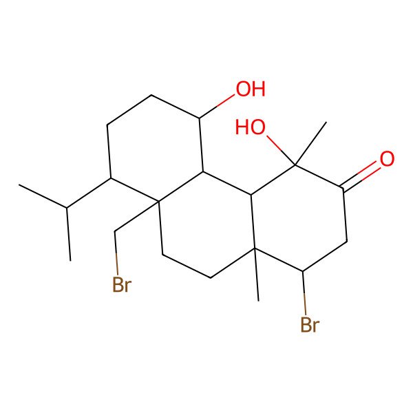2D Structure of 1-Bromo-8a-(bromomethyl)-4,5-dihydroxy-4,10a-dimethyl-8-propan-2-yl-1,2,4a,4b,5,6,7,8,9,10-decahydrophenanthren-3-one