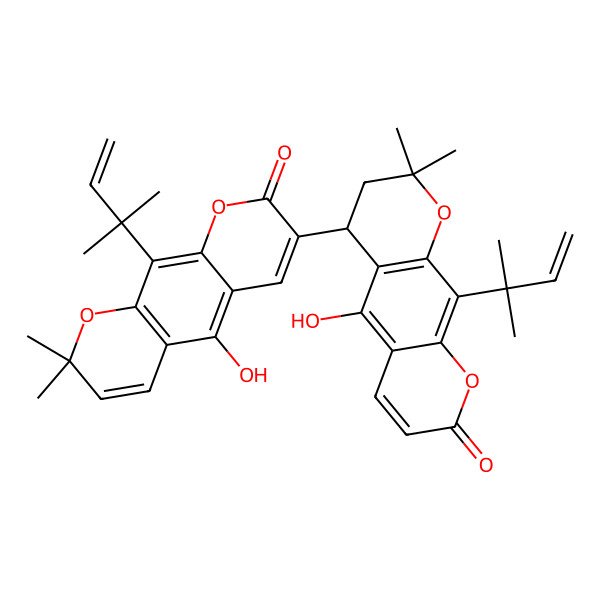 2D Structure of 5-hydroxy-7-[(4S)-5-hydroxy-2,2-dimethyl-10-(2-methylbut-3-en-2-yl)-8-oxo-3,4-dihydropyrano[3,2-g]chromen-4-yl]-2,2-dimethyl-10-(2-methylbut-3-en-2-yl)pyrano[3,2-g]chromen-8-one