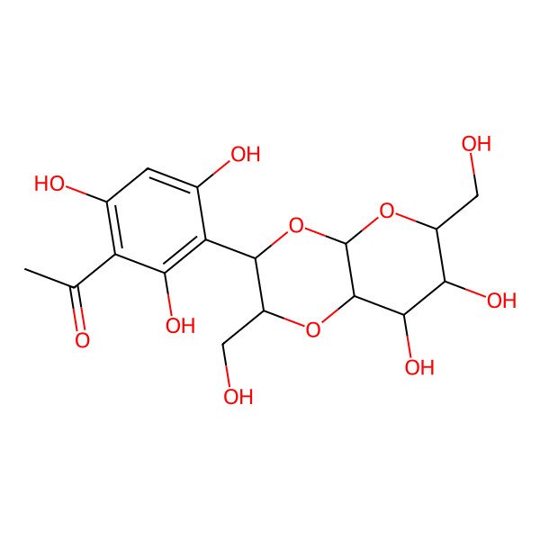 2D Structure of 1-[3-[(2S,3S,4aR,6R,7S,8S,8aR)-7,8-dihydroxy-2,6-bis(hydroxymethyl)-3,4a,6,7,8,8a-hexahydro-2H-pyrano[2,3-b][1,4]dioxin-3-yl]-2,4,6-trihydroxyphenyl]ethanone