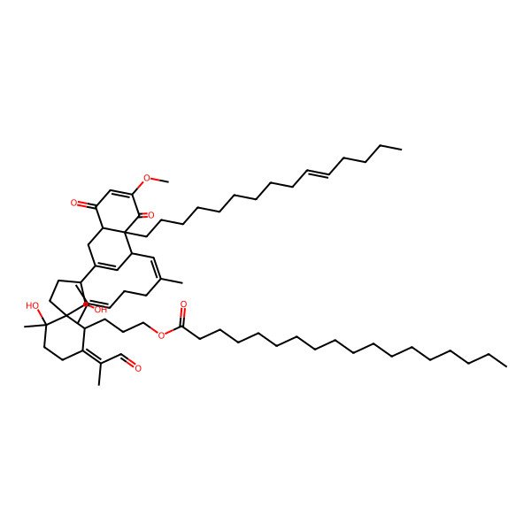 2D Structure of 3-[3-[4-(2,6-dimethylhepta-1,5-dienyl)-6-methoxy-5,8-dioxo-4a-pentadec-10-enyl-4,8a-dihydro-1H-naphthalen-2-yl]-4,10-dihydroxy-10-methyl-7-(1-oxopropan-2-ylidene)spiro[4.5]decan-6-yl]propyl octadecanoate