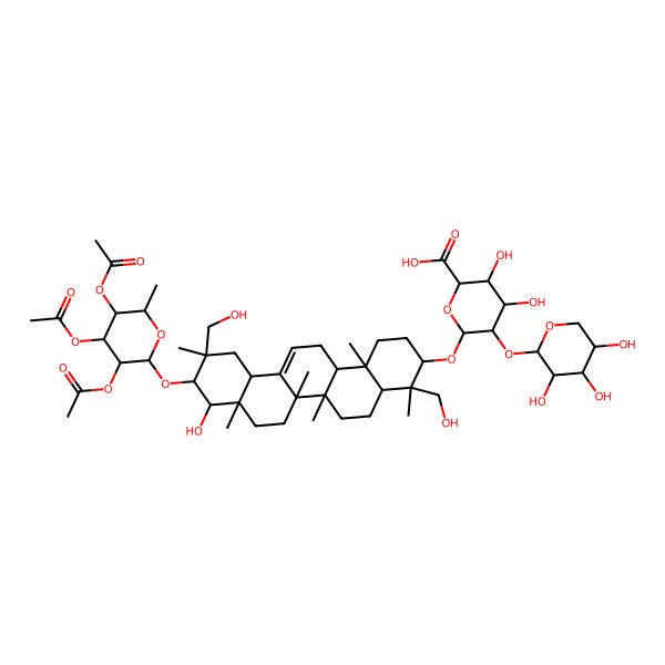2D Structure of (2S,3S,4S,5R,6R)-6-[[(3S,4R,4aR,6aR,6bS,8aR,9S,10R,11R,12aS,14aR,14bR)-9-hydroxy-4,11-bis(hydroxymethyl)-4,6a,6b,8a,11,14b-hexamethyl-10-[(2S,3R,4R,5S,6S)-3,4,5-triacetyloxy-6-methyloxan-2-yl]oxy-1,2,3,4a,5,6,7,8,9,10,12,12a,14,14a-tetradecahydropicen-3-yl]oxy]-3,4-dihydroxy-5-[(2S,3R,4S,5R)-3,4,5-trihydroxyoxan-2-yl]oxyoxane-2-carboxylic acid