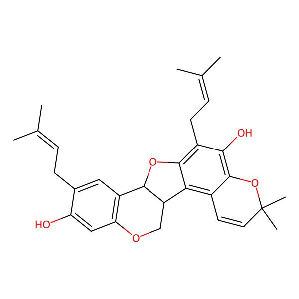 2D Structure of 6,6-Dimethyl-10,16-bis(3-methylbut-2-enyl)-7,12,20-trioxapentacyclo[11.8.0.02,11.03,8.014,19]henicosa-2,4,8,10,14(19),15,17-heptaene-9,17-diol