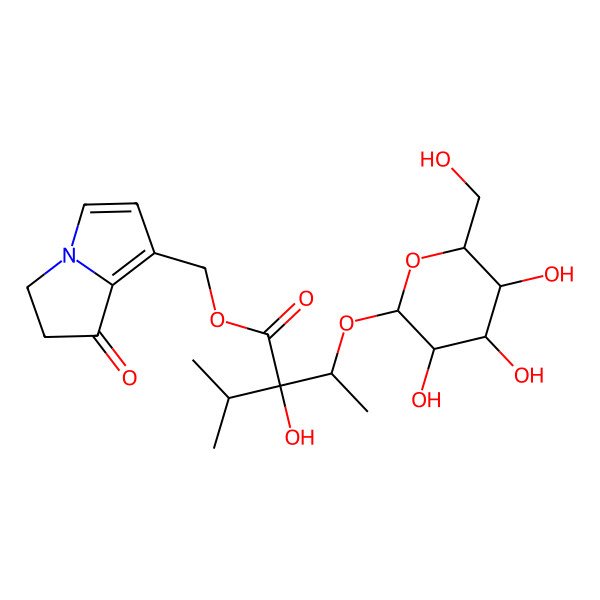 2D Structure of (7-Oxo-5,6-dihydropyrrolizin-1-yl)methyl 2-hydroxy-2-propan-2-yl-3-[3,4,5-trihydroxy-6-(hydroxymethyl)oxan-2-yl]oxybutanoate