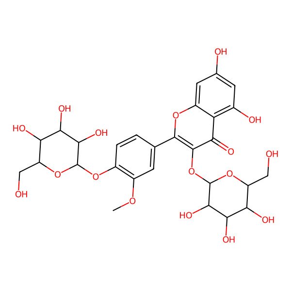 2D Structure of 5,7-dihydroxy-2-[3-methoxy-4-[(3R,4S,5S,6R)-3,4,5-trihydroxy-6-(hydroxymethyl)oxan-2-yl]oxyphenyl]-3-[(3R,4S,5S,6R)-3,4,5-trihydroxy-6-(hydroxymethyl)oxan-2-yl]oxychromen-4-one