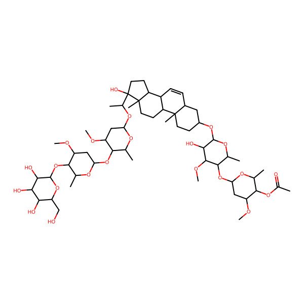 2D Structure of [(2S,3R,4R,6S)-6-[(2R,3S,4R,5R,6R)-5-hydroxy-6-[[(3S,5R,8R,9S,10S,13S,14S,17R)-17-hydroxy-17-[(1R)-1-[(2S,4R,5R,6R)-4-methoxy-5-[(2S,4R,5R,6R)-4-methoxy-6-methyl-5-[(2S,3R,4S,5S,6R)-3,4,5-trihydroxy-6-(hydroxymethyl)oxan-2-yl]oxyoxan-2-yl]oxy-6-methyloxan-2-yl]oxyethyl]-10,13-dimethyl-1,2,3,4,5,8,9,11,12,14,15,16-dodecahydrocyclopenta[a]phenanthren-3-yl]oxy]-4-methoxy-2-methyloxan-3-yl]oxy-4-methoxy-2-methyloxan-3-yl] acetate