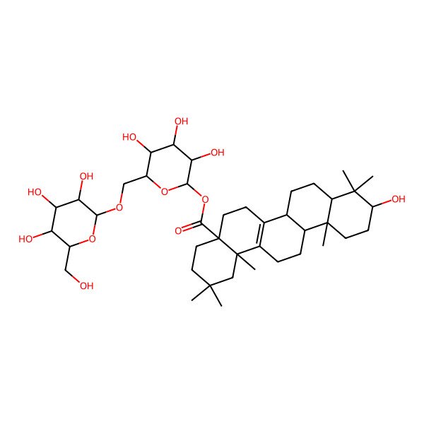 2D Structure of [(2S,3R,4S,5S,6R)-3,4,5-trihydroxy-6-[[(2R,3R,4S,5S,6R)-3,4,5-trihydroxy-6-(hydroxymethyl)oxan-2-yl]oxymethyl]oxan-2-yl] (4aS,6aS,6bR,8aR,10S,12aR,14bS)-10-hydroxy-2,2,9,9,12a,14b-hexamethyl-3,4,5,6,6a,6b,7,8,8a,10,11,12,13,14-tetradecahydro-1H-picene-4a-carboxylate