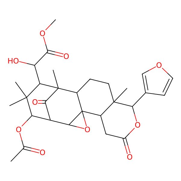 2D Structure of methyl (2R)-2-[(1S,2R,4S,5R,9R,10R,13R,14S,15S,17R)-17-acetyloxy-9-(furan-3-yl)-10,14,16,16-tetramethyl-7,18-dioxo-3,8-dioxapentacyclo[12.3.1.02,4.04,13.05,10]octadecan-15-yl]-2-hydroxyacetate