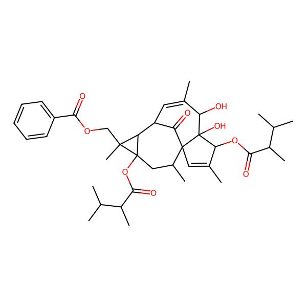 2D Structure of [(1S,4S,5S,6R,9S,10R,11R,12S,14R)-4,12-bis[[(2R)-2,3-dimethylbutanoyl]oxy]-5,6-dihydroxy-3,7,11,14-tetramethyl-15-oxo-11-tetracyclo[7.5.1.01,5.010,12]pentadeca-2,7-dienyl]methyl benzoate