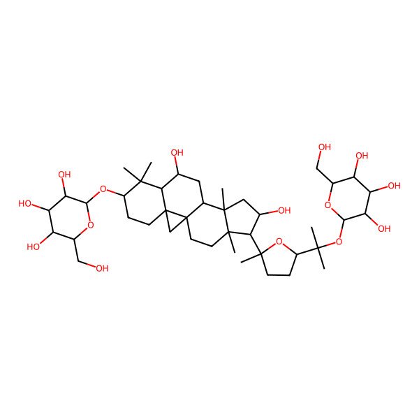 2D Structure of (2R,3R,4S,5S,6R)-2-[[(1S,3R,6S,8S,9S,11R,12S,14S,15R,16R)-9,14-dihydroxy-7,7,12,16-tetramethyl-15-[(2R,5S)-2-methyl-5-[2-[(2S,3R,4S,5S,6R)-3,4,5-trihydroxy-6-(hydroxymethyl)oxan-2-yl]oxypropan-2-yl]oxolan-2-yl]-6-pentacyclo[9.7.0.01,3.03,8.012,16]octadecanyl]oxy]-6-(hydroxymethyl)oxane-3,4,5-triol