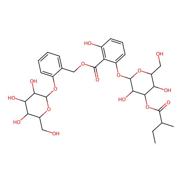 2D Structure of [2-[(2S,3R,4S,5S,6R)-3,4,5-trihydroxy-6-(hydroxymethyl)oxan-2-yl]oxyphenyl]methyl 2-[(2S,3R,4S,5R,6R)-3,5-dihydroxy-6-(hydroxymethyl)-4-[(2S)-2-methylbutanoyl]oxyoxan-2-yl]oxy-6-hydroxybenzoate
