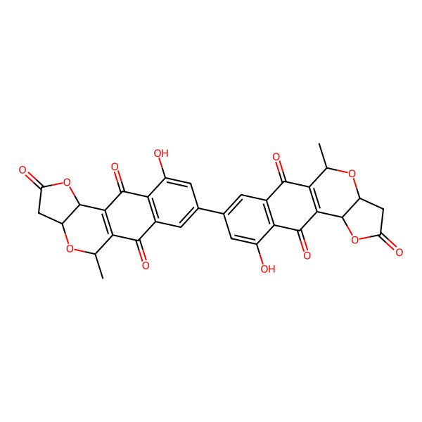 2D Structure of 7-Hydroxy-5-(7-hydroxy-17-methyl-2,9,13-trioxo-12,16-dioxatetracyclo[8.7.0.03,8.011,15]heptadeca-1(10),3(8),4,6-tetraen-5-yl)-17-methyl-12,16-dioxatetracyclo[8.7.0.03,8.011,15]heptadeca-1(10),3(8),4,6-tetraene-2,9,13-trione