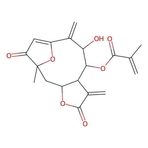 2D Structure of (9-Hydroxy-1-methyl-6,10-dimethylidene-5,13-dioxo-4,14-dioxatricyclo[9.2.1.03,7]tetradec-11-en-8-yl) 2-methylprop-2-enoate