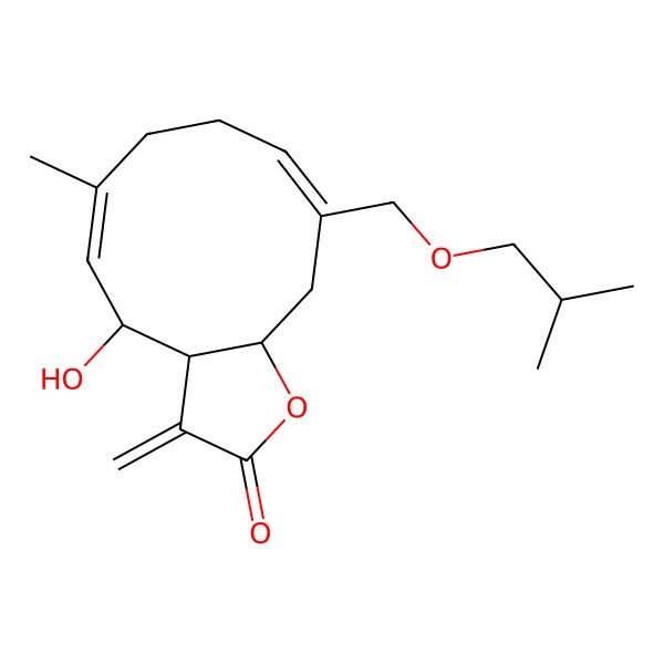 2D Structure of 4-Hydroxy-6-methyl-3-methylidene-10-(2-methylpropoxymethyl)-3a,4,7,8,11,11a-hexahydrocyclodeca[b]furan-2-one