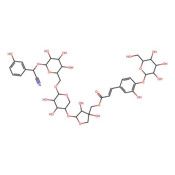 2D Structure of [5-[(3R,4R,5R,6S)-6-[[(2R,3S,4S,5R,6R)-6-[(S)-cyano-(3-hydroxyphenyl)methoxy]-3,4,5-trihydroxyoxan-2-yl]methoxy]-4,5-dihydroxyoxan-3-yl]oxy-3,4-dihydroxyoxolan-3-yl]methyl (E)-3-[3-hydroxy-4-[(2S,3R,4S,5S,6R)-3,4,5-trihydroxy-6-(hydroxymethyl)oxan-2-yl]oxyphenyl]prop-2-enoate