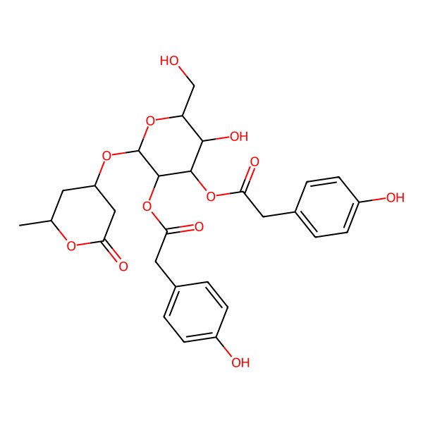 2D Structure of [(2R,3R,4S,5R,6S)-3-hydroxy-2-(hydroxymethyl)-5-[2-(4-hydroxyphenyl)acetyl]oxy-6-[(2R,4R)-2-methyl-6-oxooxan-4-yl]oxyoxan-4-yl] 2-(4-hydroxyphenyl)acetate