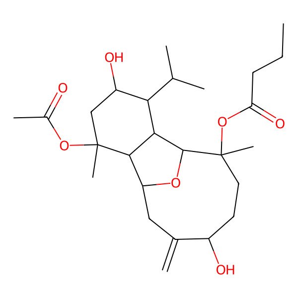 2D Structure of (3-Acetyloxy-5,12-dihydroxy-3,9-dimethyl-13-methylidene-6-propan-2-yl-15-oxatricyclo[6.6.1.02,7]pentadecan-9-yl) butanoate