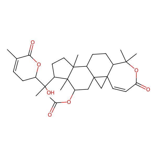 2D Structure of [16-[1-Hydroxy-1-(5-methyl-6-oxo-2,3-dihydropyran-2-yl)ethyl]-8,8,13,17-tetramethyl-6-oxo-7-oxapentacyclo[10.7.0.01,3.03,9.013,17]nonadec-4-en-18-yl] acetate