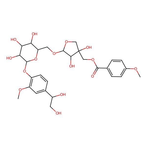 2D Structure of [(3S,4R,5R)-5-[[(2R,3S,4S,5R,6S)-6-[4-[(1R)-1,2-dihydroxyethyl]-2-methoxyphenoxy]-3,4,5-trihydroxyoxan-2-yl]methoxy]-3,4-dihydroxyoxolan-3-yl]methyl 4-methoxybenzoate