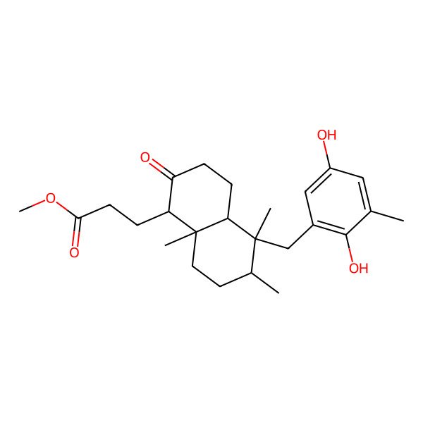 2D Structure of methyl 3-[(1S,4aR,5S,6S,8aR)-5-[(2,5-dihydroxy-3-methylphenyl)methyl]-5,6,8a-trimethyl-2-oxo-3,4,4a,6,7,8-hexahydro-1H-naphthalen-1-yl]propanoate