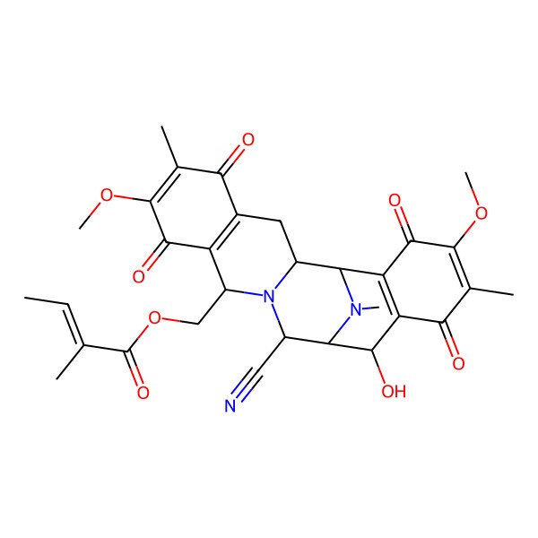 2D Structure of (12-Cyano-14-hydroxy-7,18-dimethoxy-6,17,21-trimethyl-5,8,16,19-tetraoxo-11,21-diazapentacyclo[11.7.1.02,11.04,9.015,20]henicosa-4(9),6,15(20),17-tetraen-10-yl)methyl 2-methylbut-2-enoate