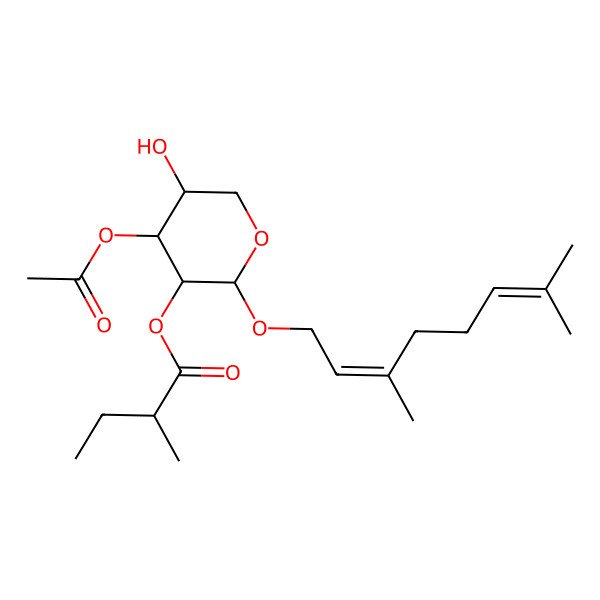 2D Structure of [(2R,3R,4S,5R)-4-acetyloxy-2-[(2E)-3,7-dimethylocta-2,6-dienoxy]-5-hydroxyoxan-3-yl] (2R)-2-methylbutanoate